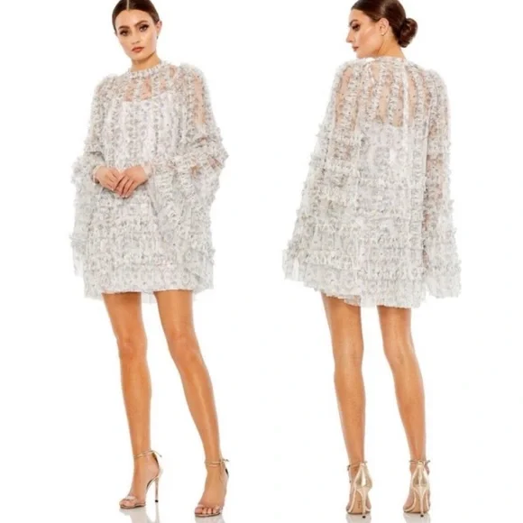 Mac Duggal Long-Sleeve Printed Mesh A-Line Mini Dress - Picture 7 of 13